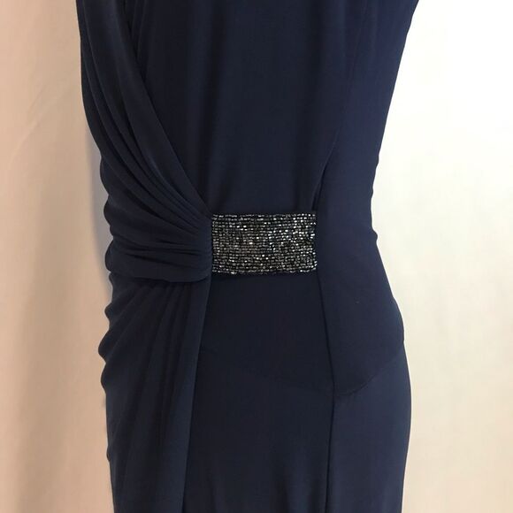 Lauren Ralph Lauren Jersey Gown Size 4 Navy Blue Rhinestone Embellishment V-Neck - Picture 15 of 16